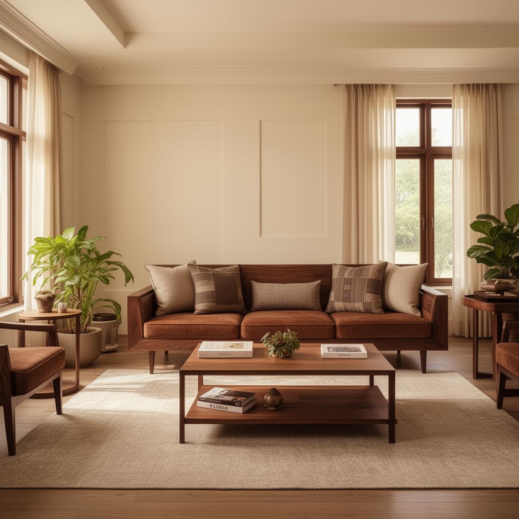 Custom walnut sofa in a warm modern living room